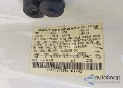 2008 Nissan Altima 3.5 Se from USA, damaged, VIN 1N4BL24E68C101741